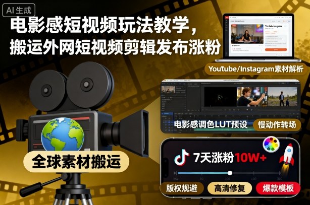 电影感短视频玩法教学，搬运外网短视频剪辑发布涨粉-创米星球V8.1