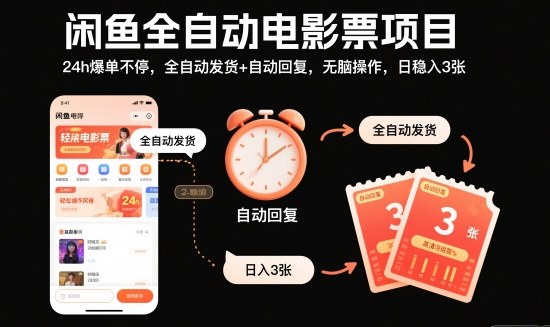 闲鱼全自动电影票项目，24h爆单不停，全自动发货+自动回复，无脑操作，日稳入3张【揭秘】-创米星球V8.1