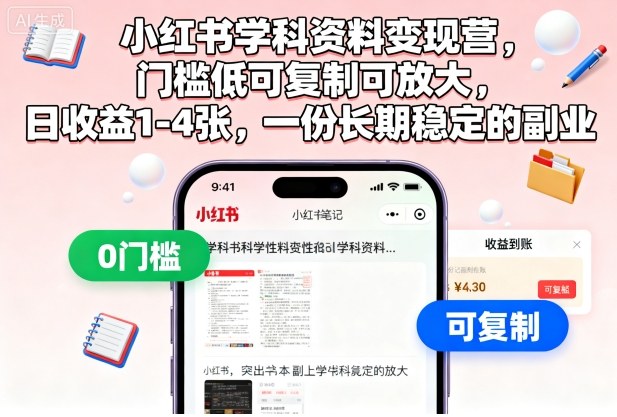 小红书学科资料变现营，门槛低可复制可放大，日收益1-4张，一份长期稳定的副业-创米星球V8.1
