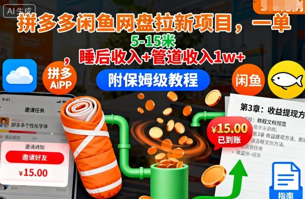 拼多多闲鱼网盘拉新项目，一单5-15米，睡后收入+管道收入1w+(附保姆级教程)-创米星球V8.1